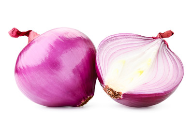 Red onion and half on a white background. Isolated