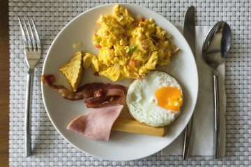 American breakfast in hotel restaurant