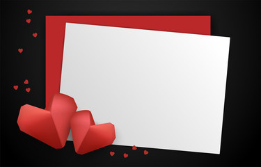 Paper elements in shape of heart on paper and black background. Vector symbols of love for Happy Women's, Mother's, Valentine's Day, birthday greeting card design.