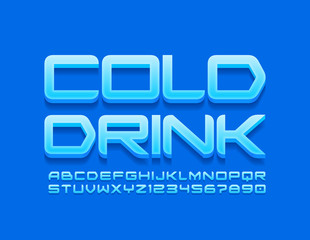 Vector blue logo Cold Drinks. Stylish 3D Font. Modern Alphabet Letters and Numbers.