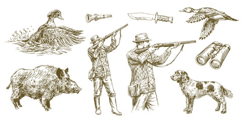 Hunter shoots a gun, duck hunting with dog. Hand drawn vector illustration. - obrazy, fototapety, plakaty