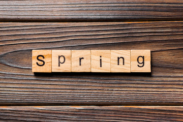 Spring word written on wood block. Spring text on wooden table for your desing, concept