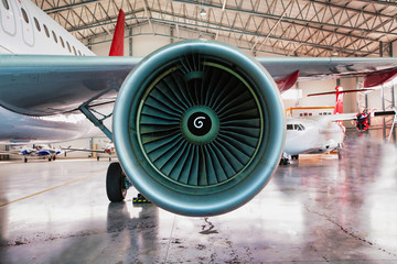 Close up of airplane engine in airport