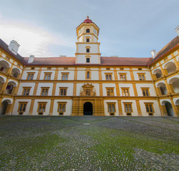Graz, Austria - October 14, 2019: Interior courtyard of Eggenberg Palace, the most significant Baroque palace complex in the Austrian province of Styria