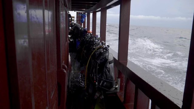 Heavy sea. water splash in Ship. alot of Buoyancy Compensating Device. BCD. Mad sea. Slow motion 180 Fps.