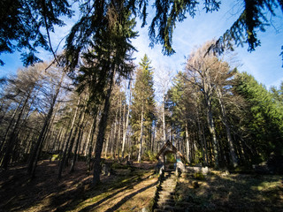 L'escalier à l'entrée du Cimetière Kahm, Le Bonhomme, Lapoutroie, Alsace, France