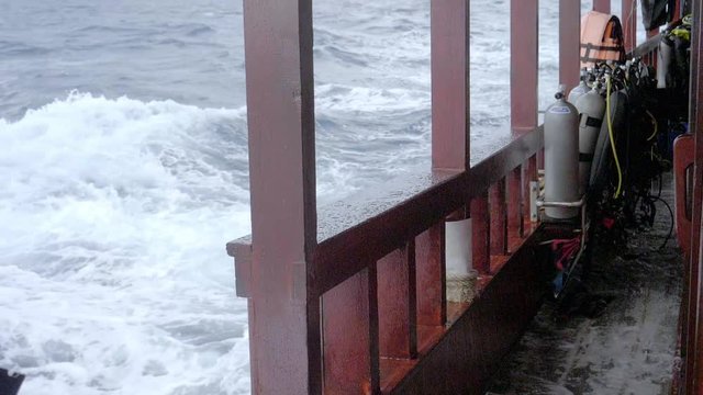 Heavy sea. water splash in Ship. Buoyancy Compensating Device. BCD. Mad sea. Slow motion 180 Fps.