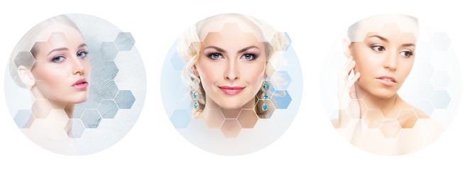 Beautiful face of young and healthy girl in collage. Plastic surgery, skin care, cosmetics and face...