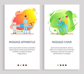 Massage chair vector, apparatus machine for massaging body relaxing clients in spa salon, person lying on table and resting on therapy set. Website or slider app, landing page flat style