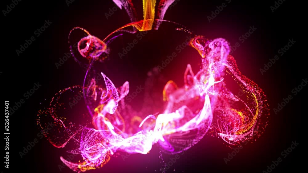 Poster injection of fluorescent red violet ink in water in 4k. 3d render of glow particles in ink flow. Luma matte as alpha channel. Background of shiny ink effect advection. 1