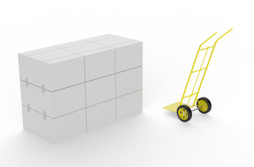  hand truck with cardboard boxes isolated on white background. 3d illustration 