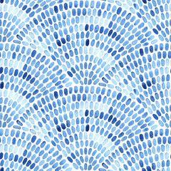 Seigaha aquarel naadloze patroon. Blauw-witte print voor textiel. Handwerk op papier. Leuke zomer en lente achtergrond. Ornament in de stijl van polka dot. Vector illustratie.