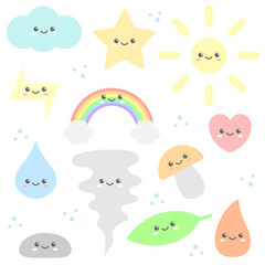 Cartoon set of cute characters. Star, sun, cloud, rainbow, drop, wind, leaf, heart, fire, stone, mushroom, lightning. Kawaii collection. Vector illustration.