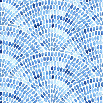 Seigaha watercolor seamless pattern. Blue and white print for textiles. Handwork on paper. Cute summer and spring background. Ornament in the style of polka dot. Vector illustration.