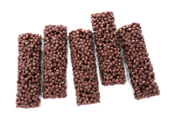 Delicious rice crispy treats isolated on white, top view