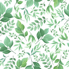 Seamless pattern of green leaves, foliage natural branches, herbs on white background. Floral wallpaper. Vector illustration.