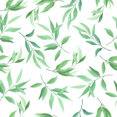 Naklejka na ściany i meble Seamless pattern of green leaves, foliage natural branches, herbs on white background. Floral wallpaper. Vector illustration.
