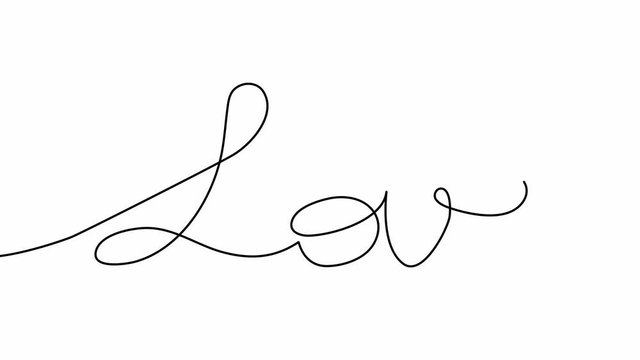 Self drawing animation of continuous one line drawing of isolated object - word text love cursive. Word and heart