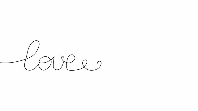 Self drawing animation of continuous one line drawing of isolated object - word text love cursive. Word and heart