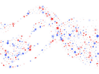 Flying red blue white star sparkles on white vector american patriotic background.