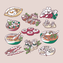 Hand drawn vector illustration of national Georgian dishes. Doodle collection of traditional food.