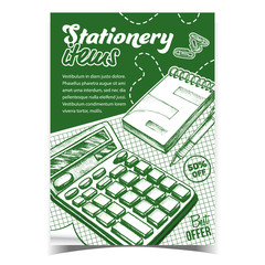 Stationery Items Store Advertising Poster Vector. Calculator, Copybook, Pen And Paper Clips On Stationery Equipment Best Offer Monochrome Illustration