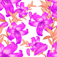 Plakat Seamless pattern with garden flowers: tulips, peony, rose, lily, bluebell. Decorative floral pattern. Colorful nature background. Can be used for wedding invitations or any kind of a design.
