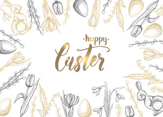 Spring Easter card with hand drawn golden black easter egg, chocolate bunny, lilies of the valley, tulip, snowdrop, crocus, willow. Hand made lettering- Happy Easter