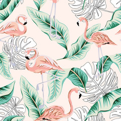 Tropical pink flamingo, banana, monstera palm leaves, blush background. Vector seamless pattern. Jungle illustration. Exotic plants, birds. Summer floral design. Paradise nature