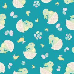 Easter bunny seamless vector pattern background. Decorated folk art rabbits, egg and chicks illustration. Scandinavian style baby animals and spring symbols backdrop. Christian celebration concept
