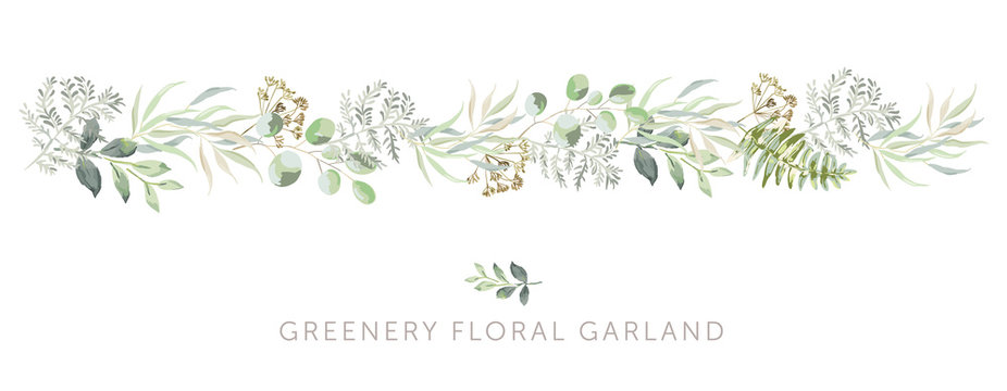Greenery border of green leaves, fern, white background. Wedding invitation banner. Vector illustration. Floral garland arrangement. Design template greeting card