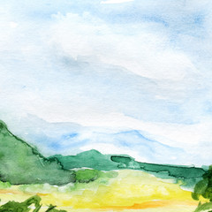 Hand drawn panoramic european landscape watercolor background.