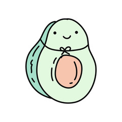 Vector of a doodle avocado, kawaii style, with smiley face celebrating a birthday party for card or painting