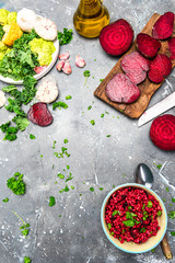 Cooking Vegetarian Plant Based Food. Buckwheat Groats with Beetroot and Parsley
