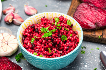 Vegetarian Dish in Bowl. Groats with  Beetroot and Parsley. Top Down View