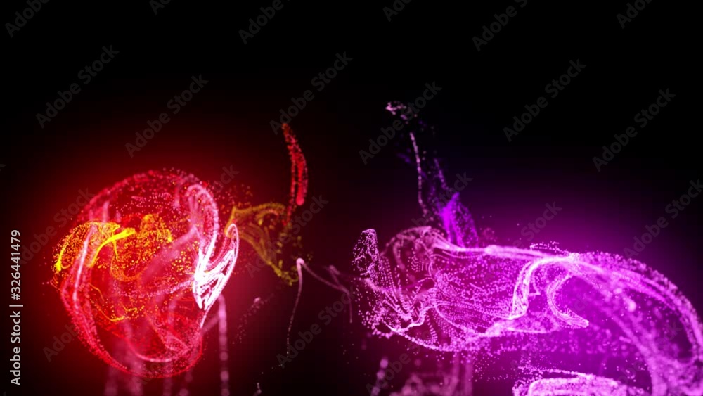 Poster injection of fluorescent red violet ink in water in 4k. 3d render of glow particles in ink flow. lum