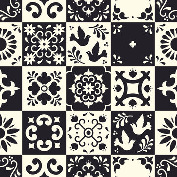 Naklejki Mexican talavera seamless pattern. Ceramic tiles with flower, leaves and bird ornaments in traditional majolica style from Puebla. Mexico floral mosaic in classic black and white. Folk art design.