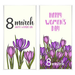 8 march/Spring set of cards with hand drawn crocus, hand made trendy lettering "Happy womens day". Banner, flyer, brochure. Background for holidays, postcards, website.