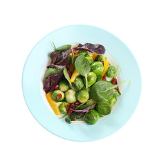 Tasty fresh salad with Brussels sprouts isolated on white