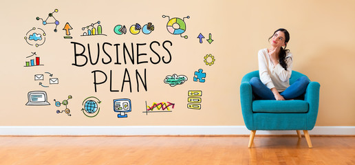 Business plan with woman in a thoughtful pose in a chair