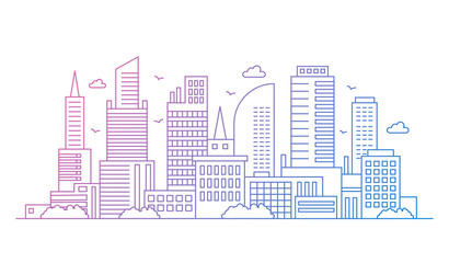 Gradient color line art of modern big city cityscape background with skyscrapers vector illustration