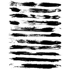 Set of black ink horizontal hand drawn brushes. Abstract isolated grunge lines, or stripes. Vector illustration.	