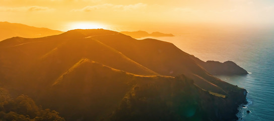 Aerial view of Marin Headlands and Golden Gate bay at sunset