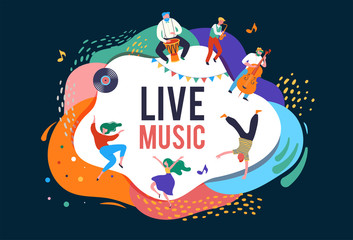 Summer fest, concept of live music festival, jazz and rock, food street fair, family fair, event poster and banner. People dance and play music. Vector design and illustration