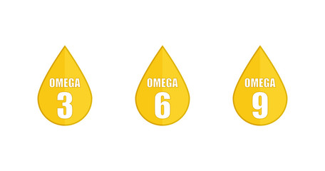 Yellow drop set icons Omega 3 6 9 on white backdrop in flat style. Vector - obrazy, fototapety, plakaty