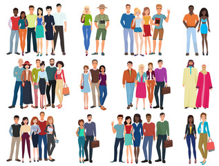 People groups and couples collection. Diverse cartoon humans in office and casual outfits clothes, young students isolated vector illustration