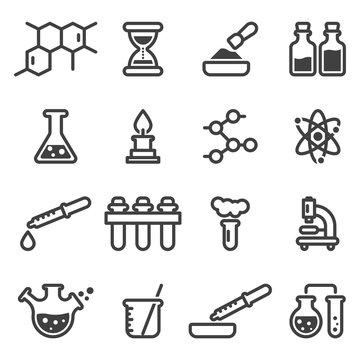 Set of chemistry and cooking related icons. Includes images, glass flasks, test tubes, ingredients and everything related to the laboratory. Isolated linear vector on a white background.