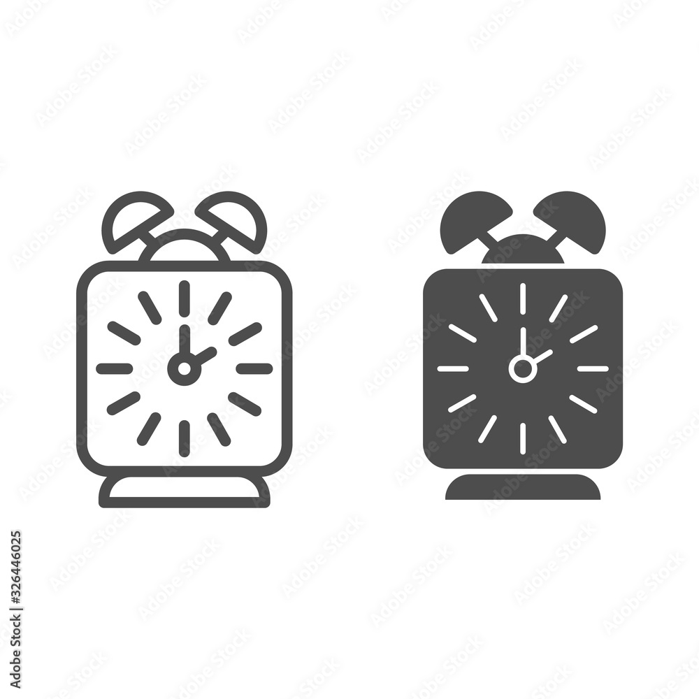 Poster alarm clock line and solid icon. classic table wake-up square watch. school vector design concept, o