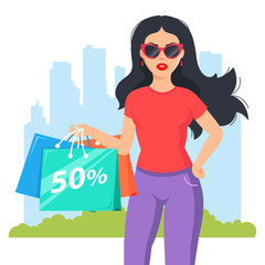 girl bought fashionable clothes. Attractive shopaholic with glasses. flat character vector illustration