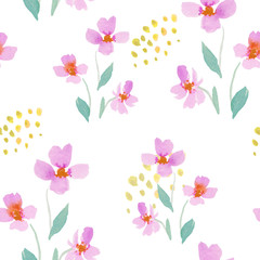 Seamless pattern with hand-drawn watercolor flowers and leaves on a white background.Pattern for fabric,invitations, wrapping paper, cards and other materials.
